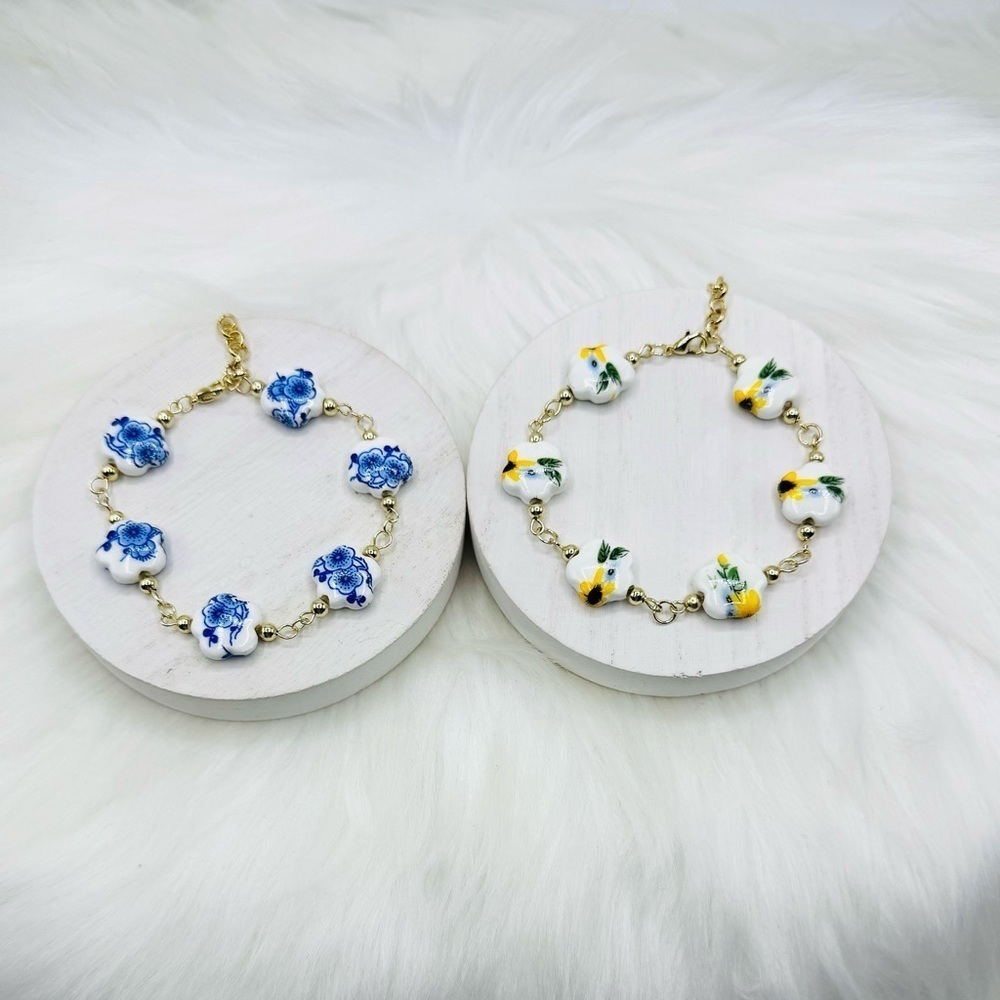 Floral Charm Bracelet Set - Blue and Yellow